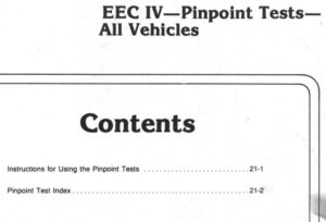 A scanned manual page titled "Section 21 – EEC IV—Pinpoint Tests—All Vehicles" showing the contents for Instructions and the Pinpoint Test Index.