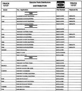 Technical data table showing Ford distributor interchangeability across multiple engine families for both cars and trucks.