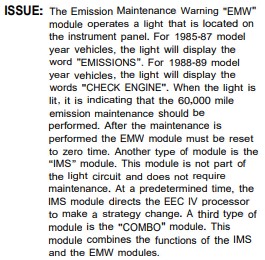 A technical service bulletin (TSB 89-22-8) regarding the Emission Maintenance Warning module for Ford light trucks and Broncos.