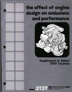Cover of the 1989 Ford training manual regarding the effects of engine design on emissions and performance, featuring technical illustrations of engine internals.