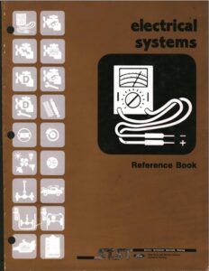 The cover of the Ford Electrical Systems Reference Book, featuring a multimeter icon and various automotive system symbols used in technician training.