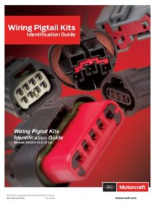 Cover of the Ford Wiring Pigtail Kits Identification Guide showing various multi-pin electrical connectors.