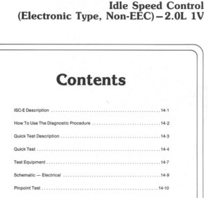 A scanned manual page titled "Idle Speed Control (Electronic Type, Non-EEC) – 2.0L 1V" showing contents for ISC-E Description, Quick Tests, Schematics, and Pinpoint Tests.