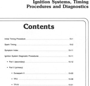 A scanned table of contents from a Ford shop manual titled "Ignition Systems, Timing Procedures and Diagnostics" listing sub-sections for Duraspark II, TFI-I, TFI-IV, and Hall Effect Stator testing.