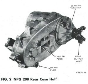 A technical schematic showing the internal planetary gears, drive chain, and output shafts of a 1980s Ford 4x4 transfer case.