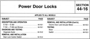 1985 Ford factory shop manual Section 44-16 Power Door Locks index page listing description, diagnosis guide, removal and installation, and testing procedures for E-Series and F-Series trucks