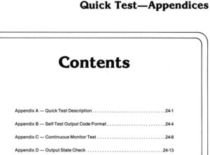 A scanned manual page titled "SECTION 24 – Quick Test—Appendices" listing Contents for Appendix A (Description), Appendix B (Output Code Format), Appendix C (Continuous Monitor Test), and Appendix D (Output State Check).