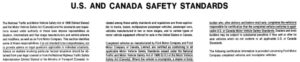 A technical document page titled "U.S. AND CANADA SAFETY STANDARDS" featuring sample certification labels for Ford Motor Co. in the U.S.A. and Canada, along with the Canadian National Safety Mark logo.