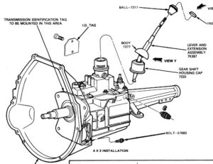 Technical drawing of the aluminum-case TOD transmission showing the internal gear clusters, external shift rods, and the rear extension housing with part numbers.