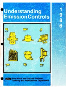 A 213-page technical manual cover featuring a diagram of an engine with highlighted emission components like the EGR valve, air pump, and vacuum routing clusters.