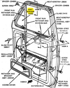 Scanned technical drawing and instructional text from a 1985 Ford manual detailing the removal and installation of the vent window glass, pivot bolt, and weatherstrip assembly.