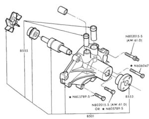 A detailed technical parts chart from a Ford manual listing year, model, engine CID, and Motorcraft part numbers for various water pumps and gaskets.