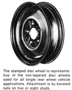 Black and white technical illustration showing a standard stamped steel truck wheel on the left and a deep-dish eight-hole dually wheel on the right, with descriptive text regarding stud attachment.