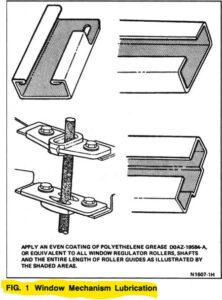A technical drawing from a Ford manual highlighting the specific areas on the window regulator arms, rollers, and horizontal tracks that require an even coating of grease.