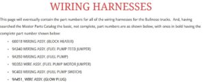 A technical parts list from the Ford Master Parts Catalog showing four-digit and five-digit basic part numbers for dozens of specific wiring assemblies.