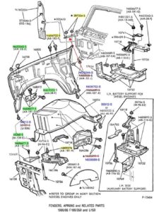 Exploded diagram of 1980-1986 Ford truck battery tray assembly including J-bolts, brackets, and inner fender mounting.