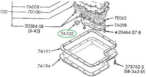 A technical exploded view showing the Ford C6 transmission valve body, the D3TZ-7A102-C suction tube, and the filter screen as used in 4WD deep-pan applications.