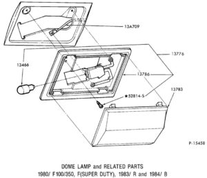 Factory diagram showing the assembly of a 1980-1986 Ford truck dome light and optional map light with part base numbers 13776 and 13783.