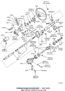 A technical drawing showing the simplest Ford column configuration without tilt or column-shift, identifying the main shaft, shroud, and turn signal assembly.