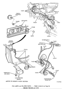 Exploded parts illustration showing the mounting and wiring for auxiliary driving lights on an 80-86 Ford truck, including the switch and bumper bracket assembly.