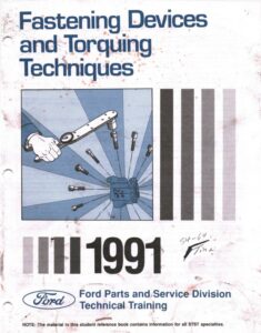 Title page of a Ford Parts & Service Division manual titled "Fastening Devices and Torquing Techniques" featuring technical illustrations of bolts and torque wrenches.