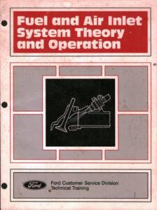 Cover of a Ford technical training manual titled "Fuel and Air Inlet System Theory and Operation," featuring a schematic of a cylinder head and valve assembly.