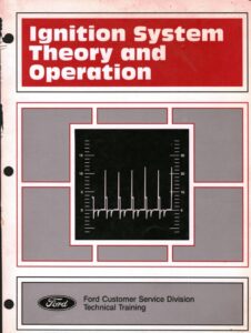 The cover of a Ford Technical Training manual titled "Ignition System Theory and Operation," featuring a red and grey design with an oscilloscope wave pattern graphic.