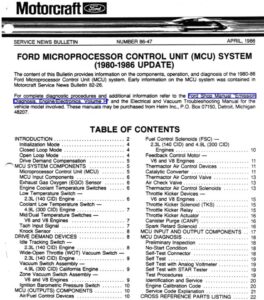 The first page of a Ford Service News Bulletin titled "Ford Microprocessor Control Unit (MCU) System (1980-1986 Update)," featuring a detailed table of contents covering system components and diagnostic procedures.