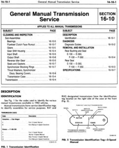A technical PDF document from the Ford factory service manual covering general manual transmission service, diagnosis, and specifications.