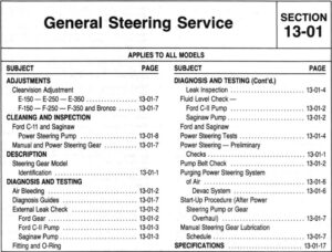 The "General Steering Service" index page from Section 13-01 of the Ford factory shop manual, listing subjects like adjustments, diagnosis, and testing.
