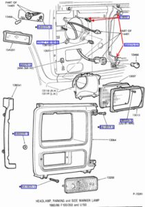 An exploded view diagram of a Bullnose Ford truck front end showing the assembly of headlights, turn signals, and their respective mounting hardware and fasteners.