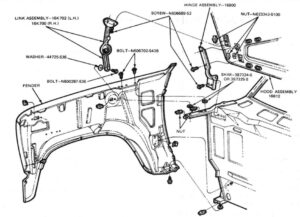 Section 44-21 of the 1985 Ford Factory Shop Manual detailing hood and hinge adjustment procedures for F-150 through F-350 and Bronco.