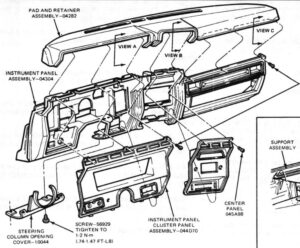 A page from the 1985 Ford Factory Shop Manual showing the removal and installation procedure for the instrument panel pad, including a diagram of the pad and retainer assembly.