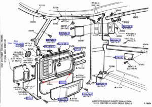 An interactive Ford parts illustration (P-15624) showing interior trim panels for a 1980/86 F-100/350 Regular Cab, with blue clickable boxes over specific parts like the door handle boot and trim fasteners.
