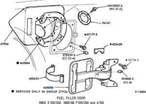 Exploded view diagram of a fuel filler door assembly showing the door, hinge, housing, and mounting hardware for a Ford truck.