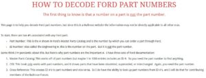 A guide explaining the anatomy of Ford part numbers, including year codes (e.g., E=1980s), vehicle lines (T=Truck), and engineering departments.