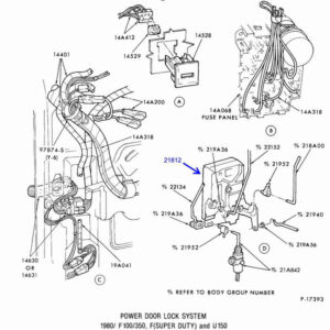 Exploded view diagram from the Ford parts catalog showing the power window motor, regulator, and door lock actuator inside a truck door.