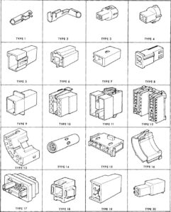 Four-tab technical reference showing various electrical pins, multi-pin harness connectors, and weatherproof sleeves with their respective Ford and aftermarket part numbers.