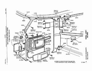 A detailed exploded view diagram of the interior of a Ford truck cab, showing the rear corner trim panels, headliner, rear window assembly, and all associated mounting fasteners like N800486-S.