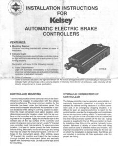 The front page of the Kelsey Installation Instructions for Automatic Electric Brake Controllers, showing a photo of the controller and sections on mounting and hydraulic connections.