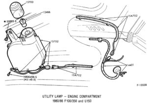 Exploded view diagram of the Ford under-hood lamp assembly, showing the bulb housing, retractable cord, and the 14401 harness connection.