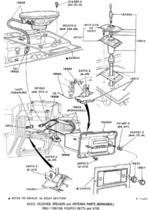 Technical diagram of a Ford truck dashboard showing the installation of a monaural radio (18806), center dash speaker, antenna assembly (18812), and associated wiring (14401).