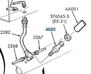A technical line drawing showing a rear axle tube with a vent bolt (4022) passing through a brake hose junction (2282) and into the housing, secured by a clip (376545-S) and connected to a vent tube (4A001).
