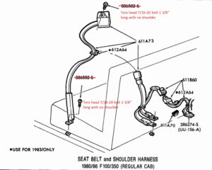 A technical assembly diagram (P-15263) showing the seat belt routing for a regular cab truck, with a red-text correction highlighting the 1983-specific 7/16-20 Torx head bolt.