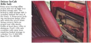1982 Ford Accessories Catalog clipping showing the Deluxe In-Cab Rifle Safe and Cab Storage Organizer.