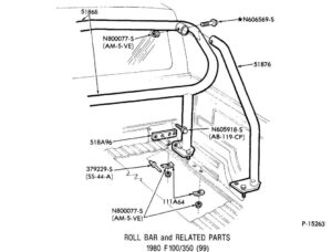 A technical line drawing (P-15263) of a Ford truck bed showing a three-piece tubular roll bar assembly with callouts for the main bar (51868), rear braces (51876), and bed floor reinforcement plates (111A64).