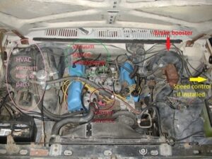 A high-resolution photo of a 1980–1986 Ford engine bay (Rusty's truck) showing the primary vacuum lines for the brake booster, PCV system, and manifold distribution tree.