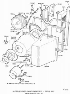An exploded view diagram of the standard heater assembly for a Bullnose Ford truck, showing the blower motor, heater core, and various ducting components with part number callouts.