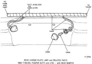 A technical drawing showing the license plate lamp housing, lens, bulb, and mounting hardware for a Styleside rear bumper/bed.
