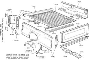 Factory illustration of 1980-1986 Ford truck rear splash shields and mounting hardware part numbers.